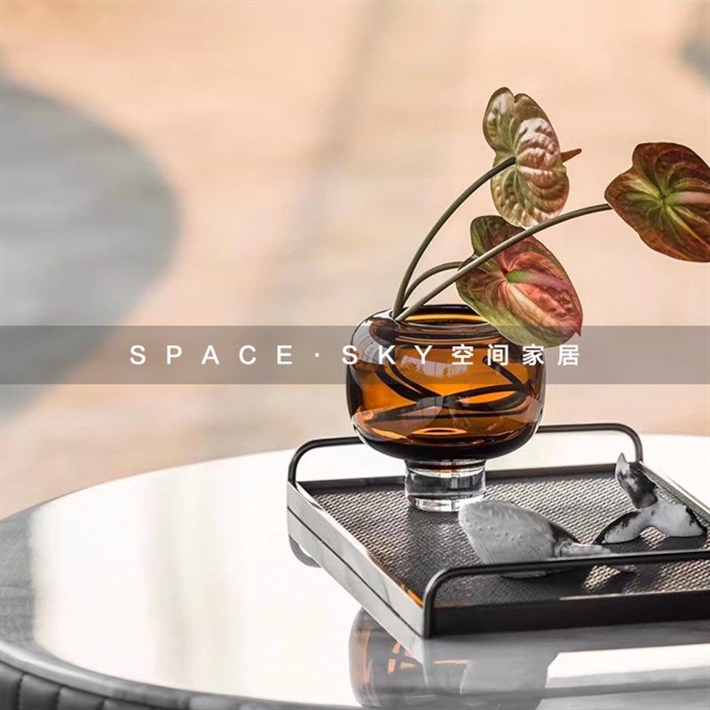 现代轻奢样板间茶色玻璃花瓶饰品套装皮革托盘果T盘装饰摆件展厅,淘宝优惠券,粉丝福利购,淘宝优惠卷