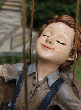 北欧人物造型摆件树脂卡通秋千男孩挂件创意庭院花园树装饰品吊件