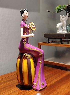 中式人物书架仕女工艺品家居办公室博古架装饰品禅意品茶女小摆件