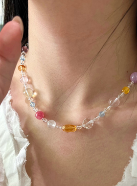 【泡泡缤纷】天然多宝水晶项链S925银链子黄水晶草莓晶高级锁骨链