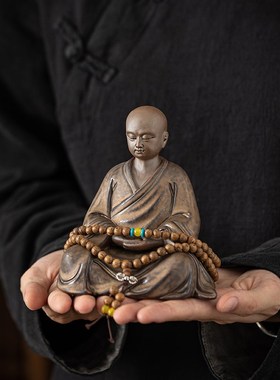 速发中式紫砂小和尚摆件家居复古茶室茶台桌面茶宠茶空间摆饰禅意