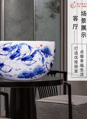 速发景德镇手厅青花陶瓷器客装办公室家用乌龟荷莲花鱼缸玄关摆件