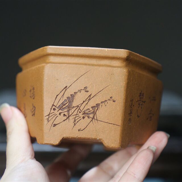Purple sand flower pot carved small pot handmade bonsai pot green mud F slope mud Su Bing famous pot six square calamus pot