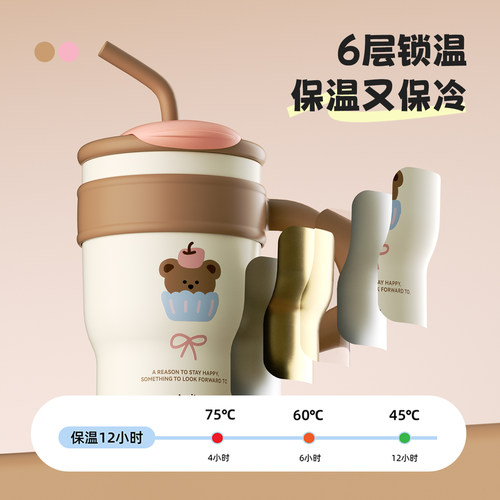 April桌面大容量保温杯女生双饮水杯吸管带盖马克杯办公室带手柄 - 图1