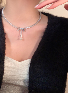 【蜜桃茶】甜酷双拼 设计感蝴蝶结珍珠流苏项链女轻奢小众锁骨链