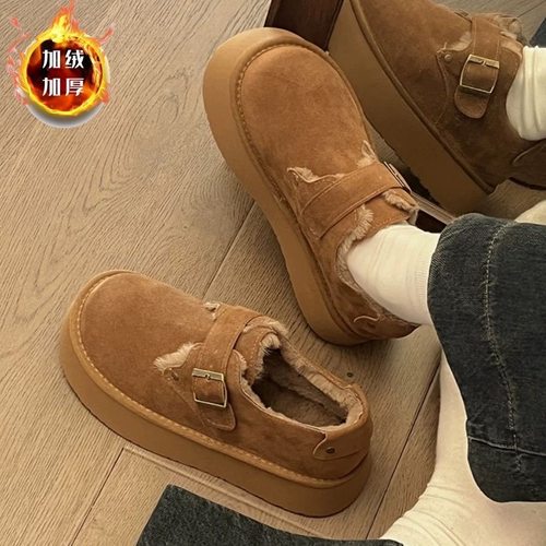 厚底加绒豆豆勃肯鞋女2025新款秋冬季毛毛乐福鞋博肯棉鞋子雪地靴 - 图0
