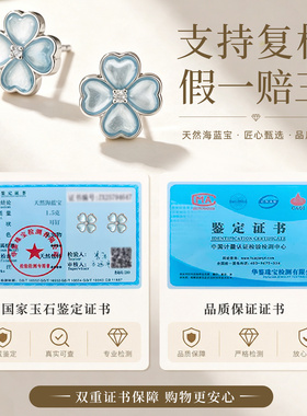 天然海蓝宝四叶草耳钉女士小众独特新中式蓝色耳饰纯银高级感宝石