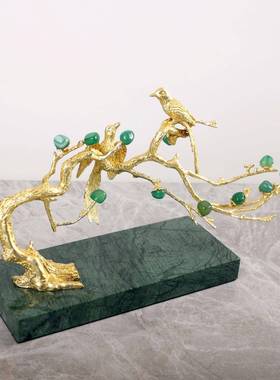 新中式轻奢绿色玛瑙喜上枝头摆件客厅电视柜玄关软装饰品