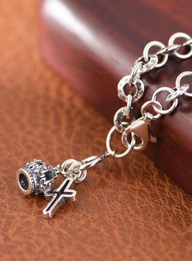 网红- 925银手链复古个性双手合十十字花皇冠圆环链手环男女饰