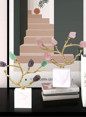 轻奢现代创意水晶石纯铜树枝摆件样板间玄关客厅电视柜家居装饰品