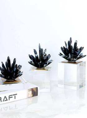 简约现代天然黑色玛瑙手工粘花摆件客厅电视柜书房桌面家居装饰品