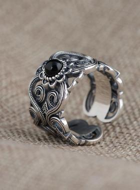 网红-925银复古泰银镶玛瑙开口指环男女镂空花纹宽版银饰戒指