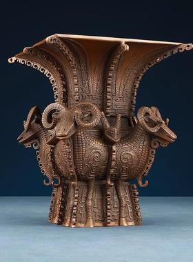 紫铜四羊方尊铜羊摆件仿古青铜酒器铜工艺礼品装饰品摆设