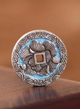 网红- 足银吊坠 复古老银珐琅彩工艺如意水波纹老钱花钱银钱配件