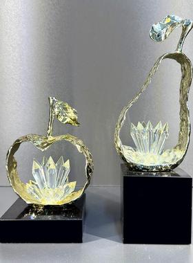 美式轻奢绿水晶苹果雪梨摆件招财吉祥客厅电视柜玄关柜家居装饰品