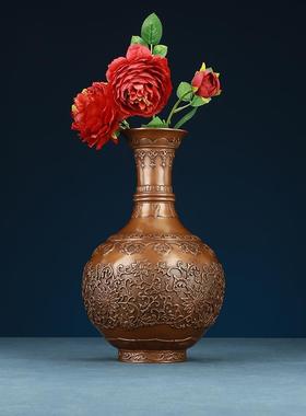 紫铜缠枝莲纹花瓶摆件工艺品客厅办公室家居装饰品