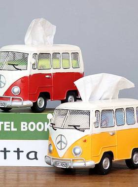 工业风意铁艺复古巴士汽车模型纸巾创盒纸盒盒铁888抽艺纸巾模型