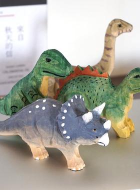 恐龙手工木雕小摆件霸王龙腕龙三角龙剑龙木质雕刻公仔桌面装饰品