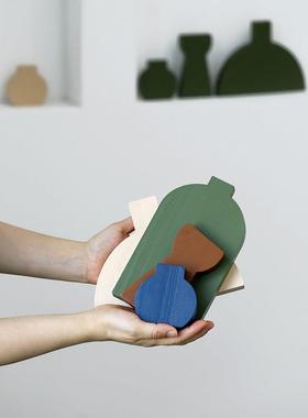 莫兰迪色系摆件 简约玄关装饰品 客厅木质花瓶组合 ins风软装道具