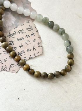 新中式天然绿檀木双圈手串天山翠绿草石念珠手链国风复古绿檀手串