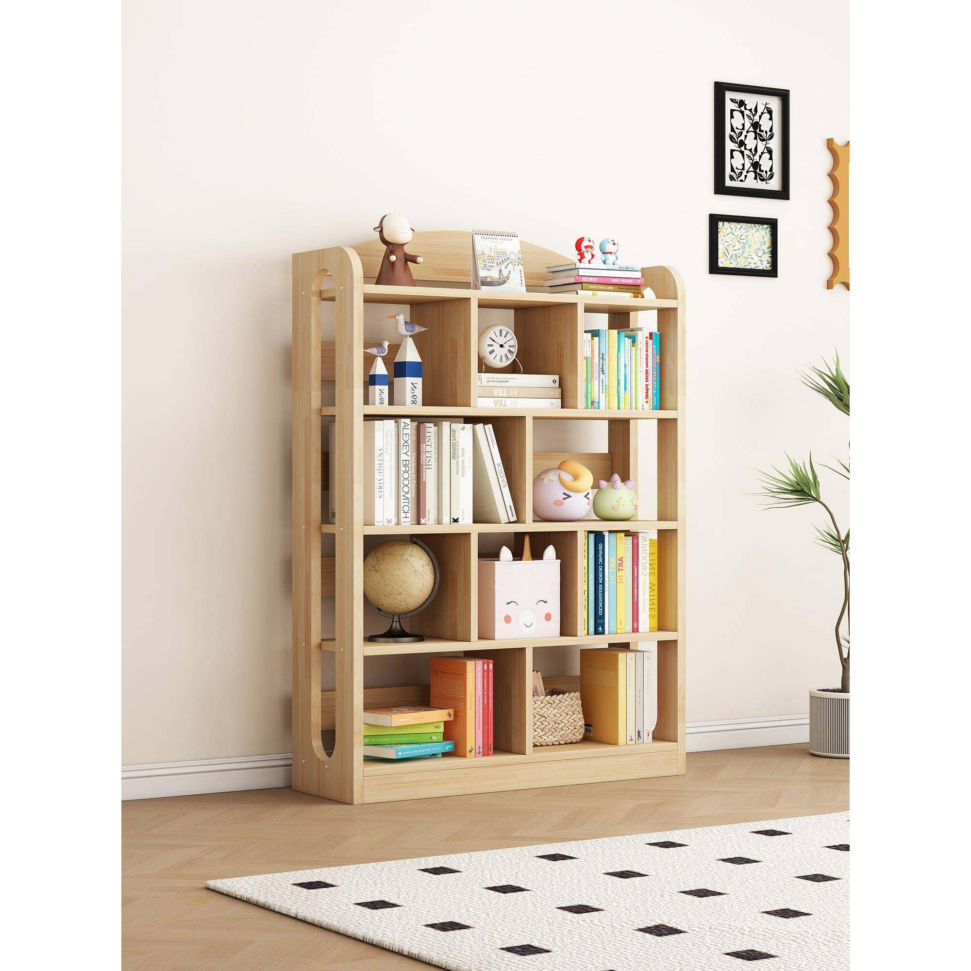 实木书架落地置物架简易家用儿童书柜一体靠墙格子柜矮柜置物柜,淘宝优惠券,粉丝福利购,淘宝优惠卷
