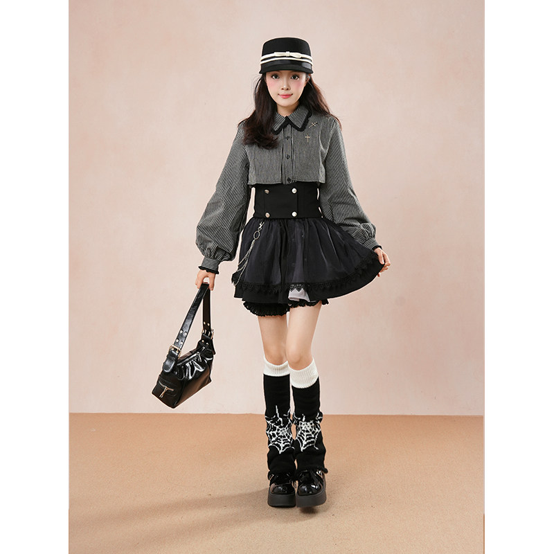 【十字颂歌】2026秋季条纹哥特显瘦衬衫十字腰封装饰不对称套装裙,淘宝优惠券,粉丝福利购,淘宝优惠卷