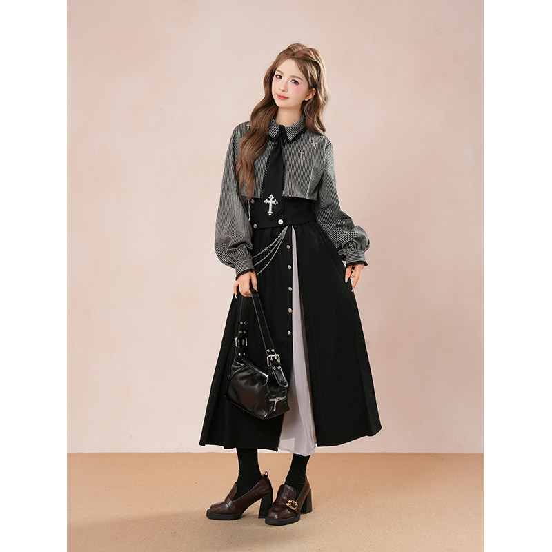 【十字颂歌】2026秋季条纹哥特显瘦衬衫十字腰封装饰不对称套装裙,淘宝优惠券,粉丝福利购,淘宝优惠卷