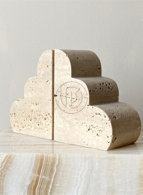 北欧极简侘寂风黄洞石大理石样板房书柜酒柜书立架T装饰品工艺品