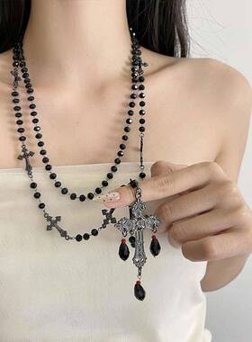 哥特风黑色十字架串珠项链女长款毛衣链小众独特高级感卫衣链配饰