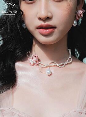 粉色花朵波浪蕾丝珍珠项链女高级感小众锁骨链choker