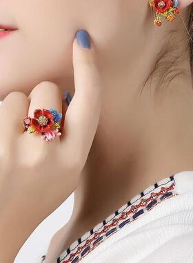 ins戒指女冷淡风时尚轻奢个性红色花朵食指 复古chic小众设计潮