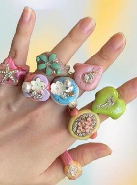 原创设计小众彩色ins夸张闪锆石珠光戒指女