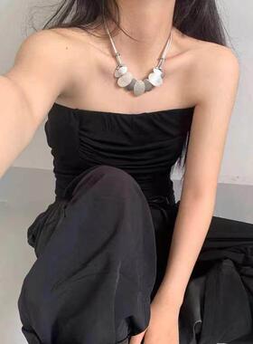 重工银皮绳拉丝圆饼项链简约气质银色锁骨链小众民族风颈圈链