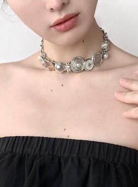 银色耶诞 钮扣元素朋克风小众原创设计钛钢项炼choker