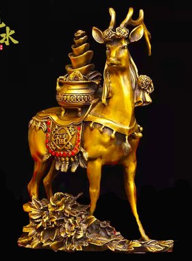 速发纯黄铜聚宝盆 元宝铜鹿拉车家居一鹿发财 店铺礼品摆设