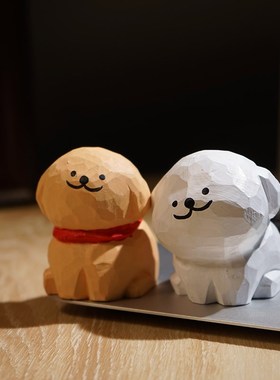 线条小狗手工木雕小卡通爱手绘办公室工位电脑桌面装饰品