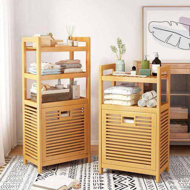 Household Japanese simple solid wood laundry basket storage rack multi-layer storage cabinet basket basket bathroom floor storage rack