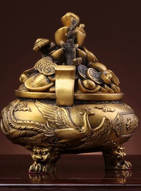 速发纯黄店聚宝盆香炉摆件五路财神摆存钱罐鼎件招财聚财铜铺开业