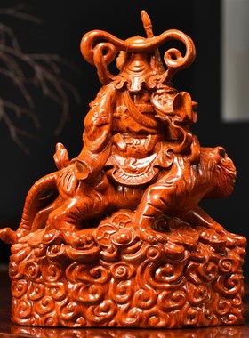 速发花梨木雕刻骑虎赵公居神像摆件武财神开明公司装饰家业送礼工