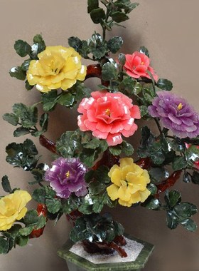 天然玉石8朵牡i丹花创意客厅家居饰品玉器盆景工艺品古风花架摆件