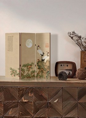 覆古小屏风桌面摆件茶室书房禅A意摆台画新中式边柜仙鹤装饰摆画