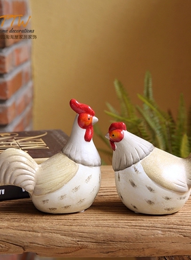美式乡村彩色情侣鸡陶瓷摆件 家居隔N板装饰品 橱柜摆件