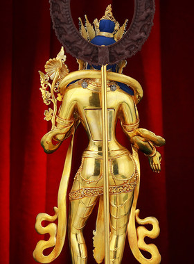 尼泊尔工艺绿度母站像手工錾刻铜鎏金绿度母菩萨站立像佛像铜摆件