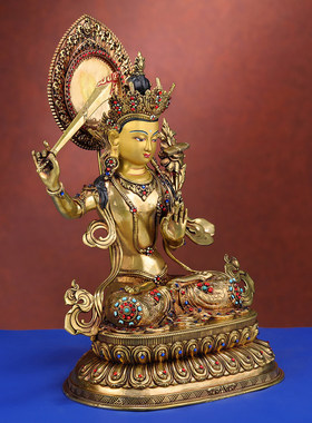 尼泊尔工艺文殊菩萨铜佛像摆件藏式居家供奉文殊菩萨铜像7寸/1尺