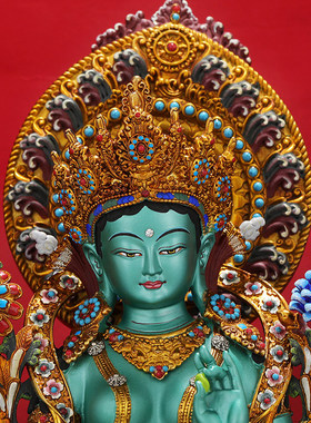 藏式彩绘绿度母黄财神长寿佛文殊莲师佛像铜尼泊尔工艺手工7寸