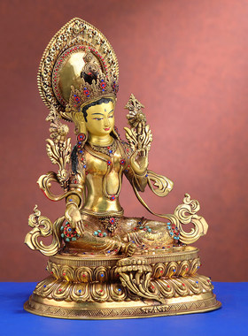 尼泊尔工艺绿度母菩萨铜佛像摆件藏式居家供奉绿度母铜像7寸/1尺