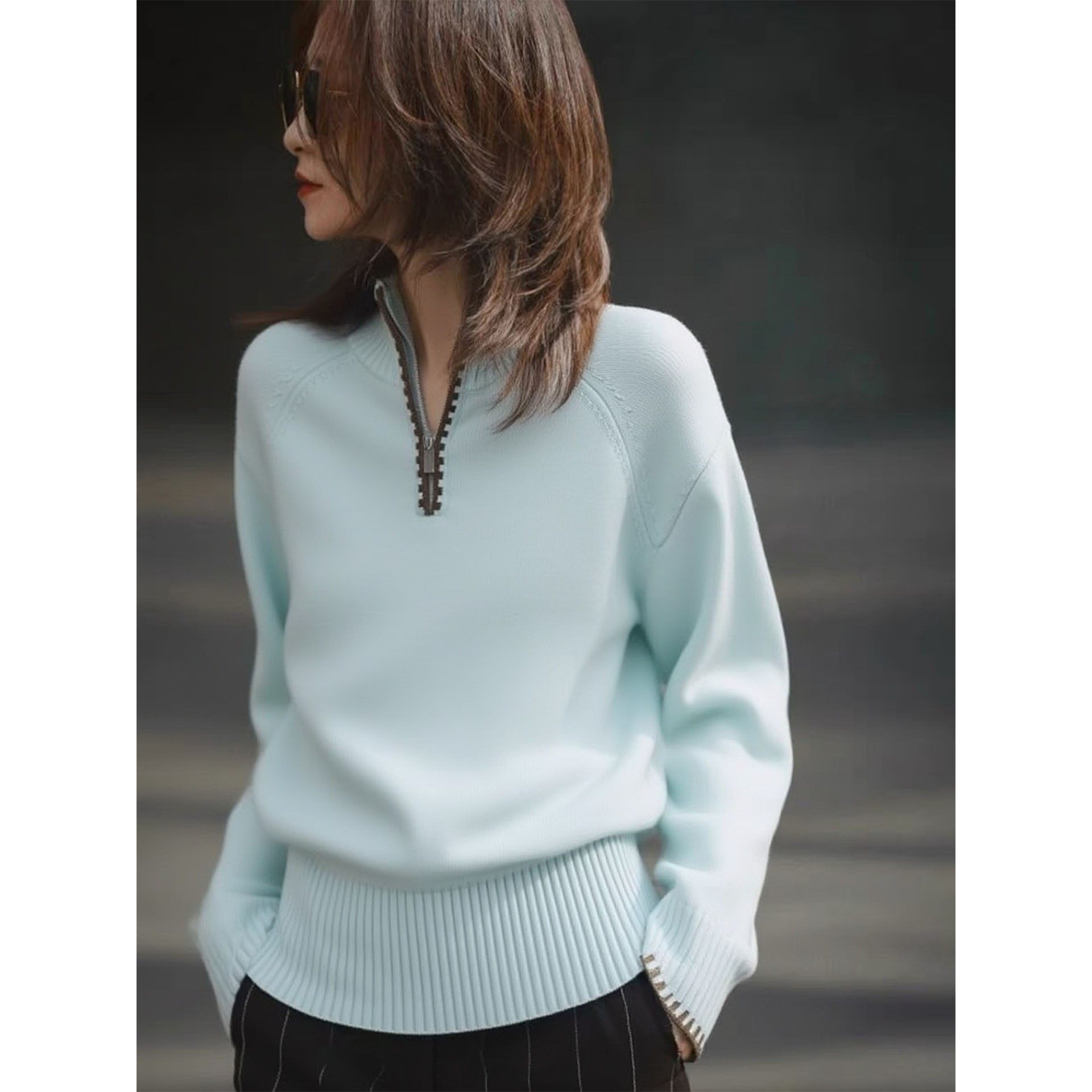 蓝色半拉炼高领毛衣女2025新款秋冬内搭可外穿高级感套头针织上衣,淘宝优惠券,粉丝福利购,淘宝优惠卷