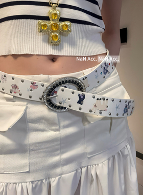 韩版小众设计铆钉腰带女可爱多巴胺小熊印花宽皮带高级感俏皮配饰