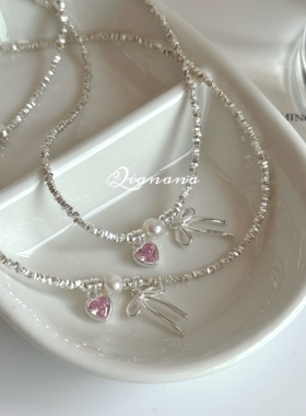 蝴蝶结爱心碎银天然淡水珍珠项链