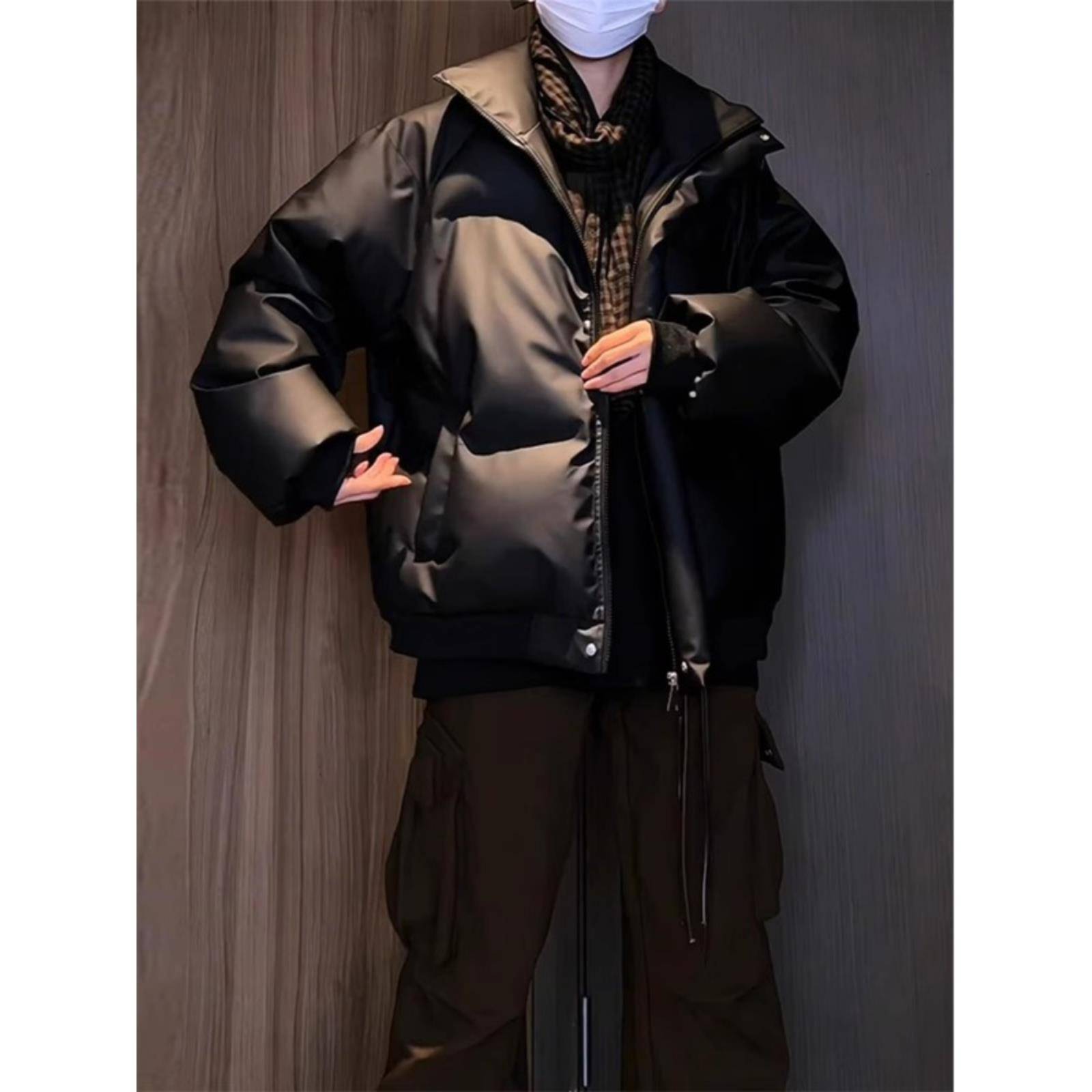 立领羽绒服外套男士2025冬季新款美式潮牌休闲帅气加厚PU皮面包服 - 图1